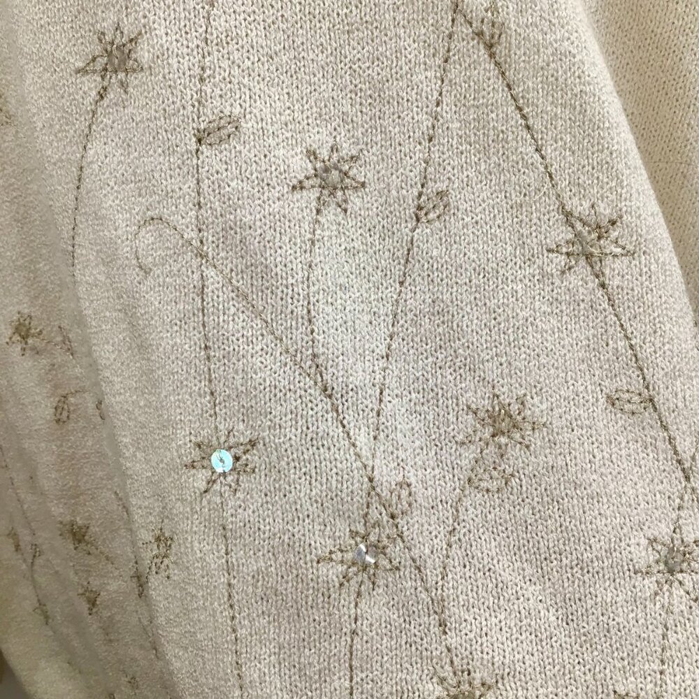 Vintage 1X Winter Flowers Sweater Embroidered Iridescent Sequin Ivory Gold L/S - Picture 11 of 13